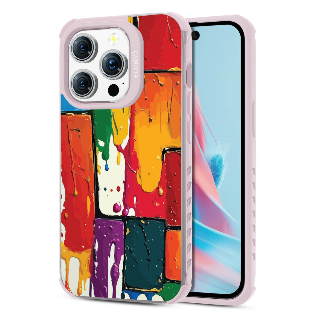 Front and back view of iPhone 15 Pro case, clear compostable phone case with lilac ridges, Color Me Mine design