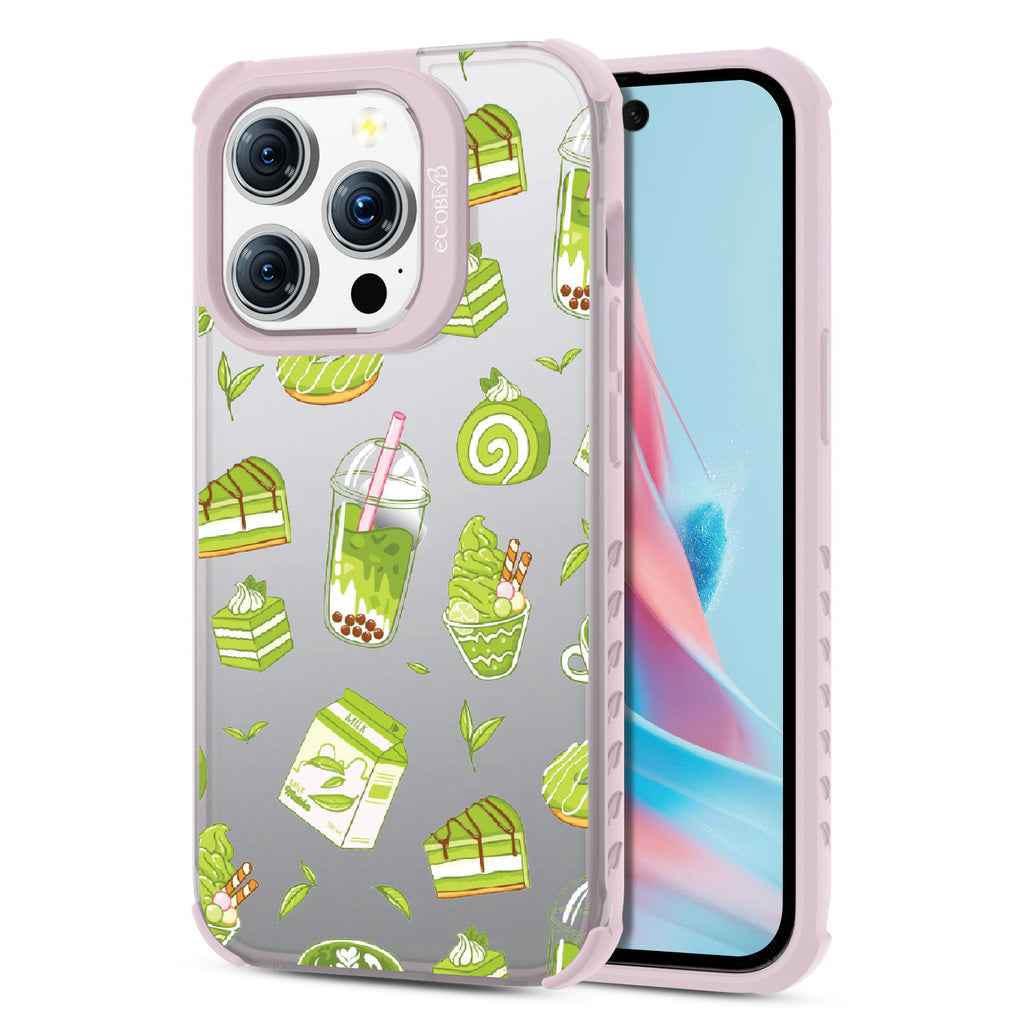 Front and back view of iPhone 15 Pro case, clear compostable phone case with lilac ridges, So Matcha More design