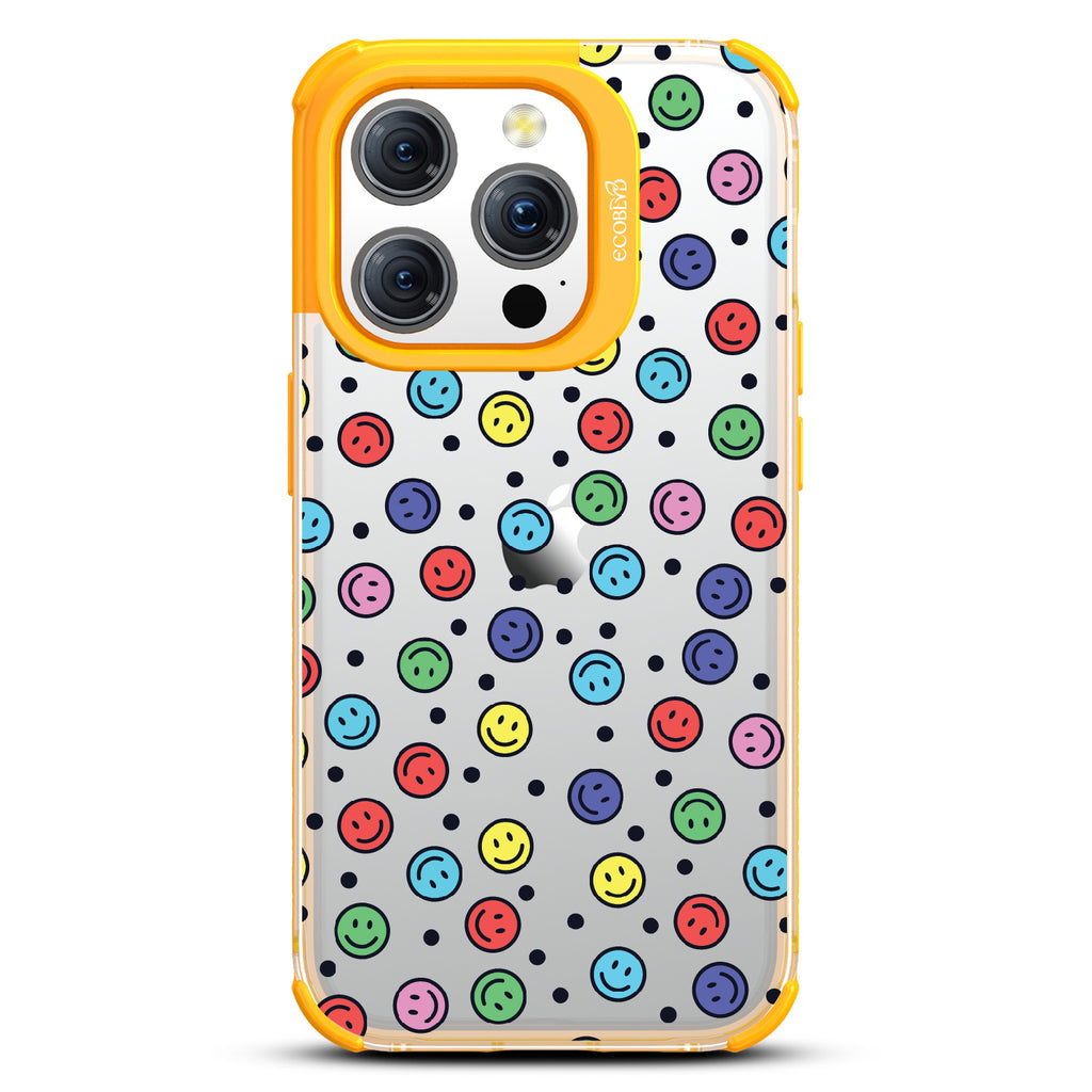 All Smiles - Multi Colored Smiley Faces & Black Dots - Eco-Friendly Clear iPhone 15 Pro Case With Yellow Rim