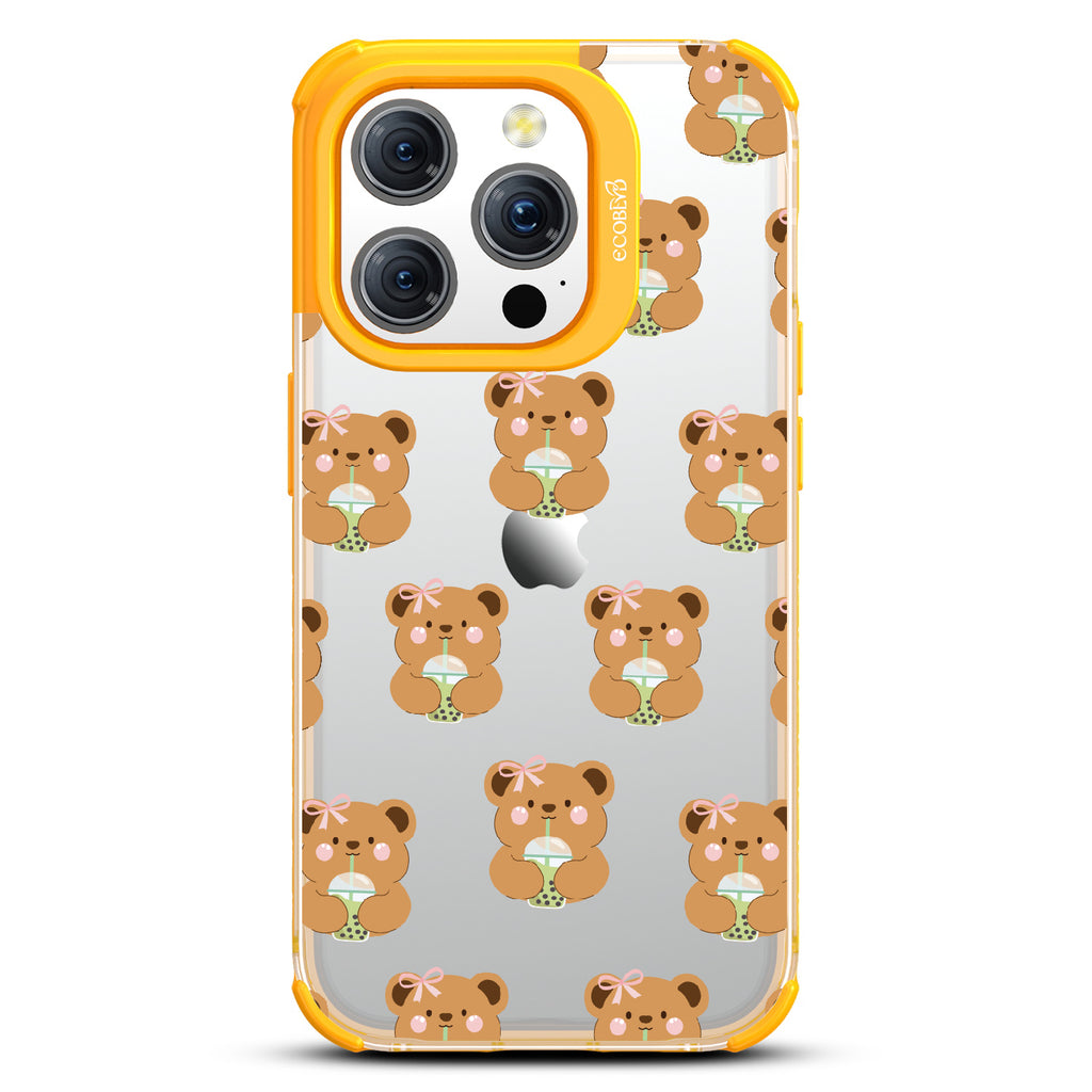 iPhone 15 Pro case, clear eco-friendly phone case with yellow ridges, back view, Bear-ista Approved design