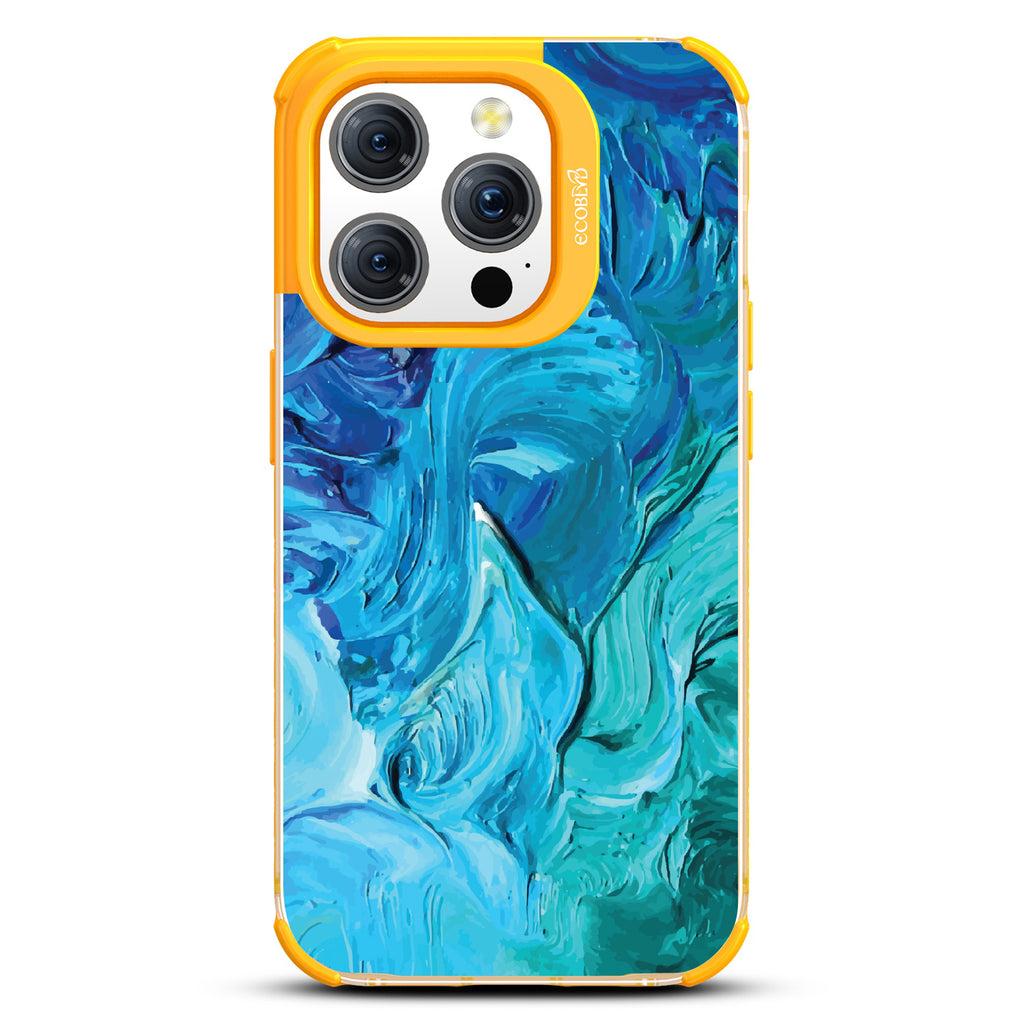 iPhone 15 Pro case, clear eco-friendly phone case with yellow ridges, back view, Oceanswept design