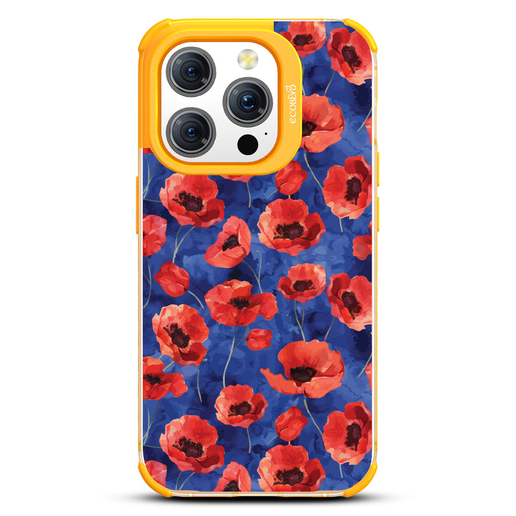 iPhone 15 Pro case, clear eco-friendly phone case with yellow ridges, back view, Dream Bouquet design