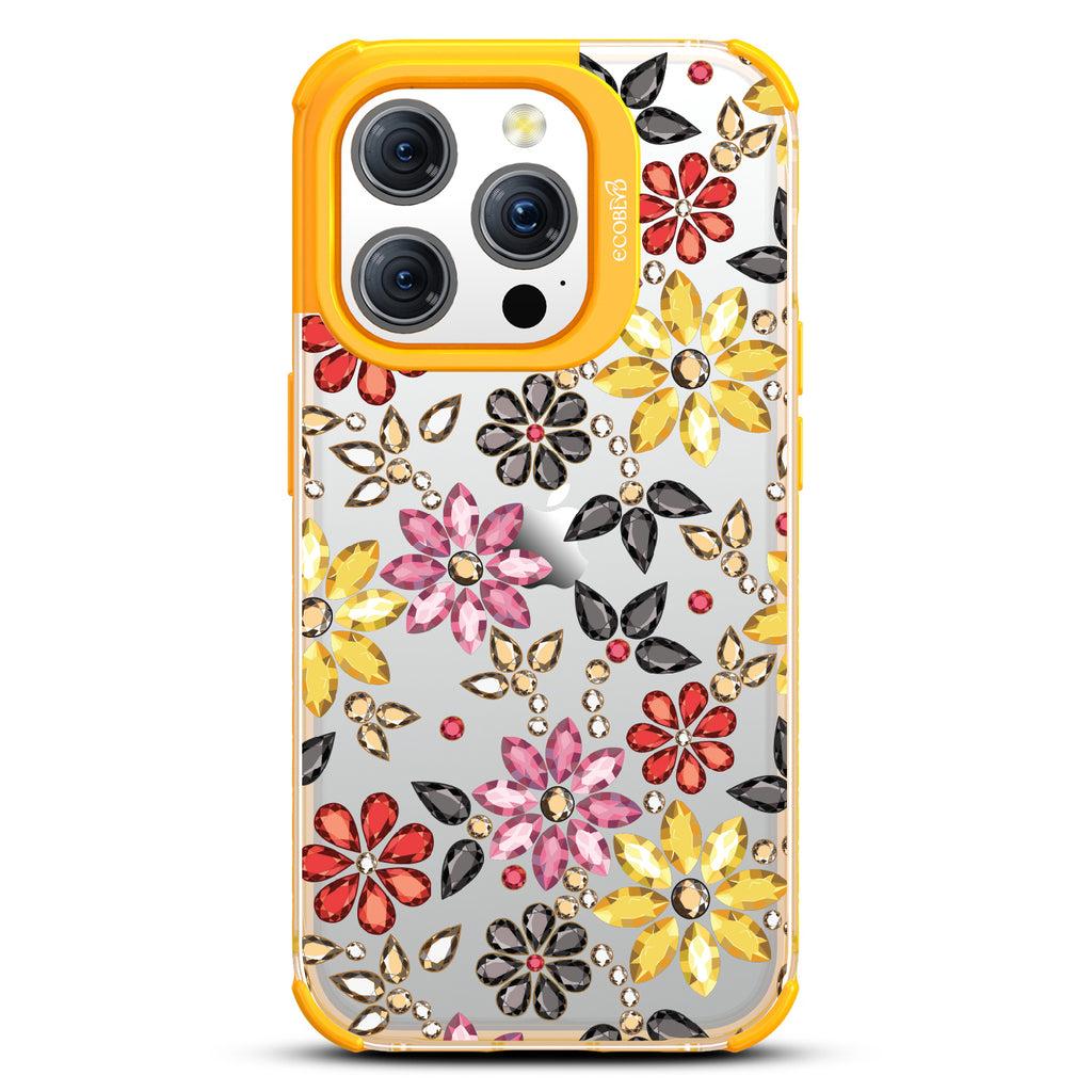 Bejeweled - Rhinestone Jewels In Floral Patterns - Eco-Friendly Clear iPhone 15 Pro Case With Yellow Rim 