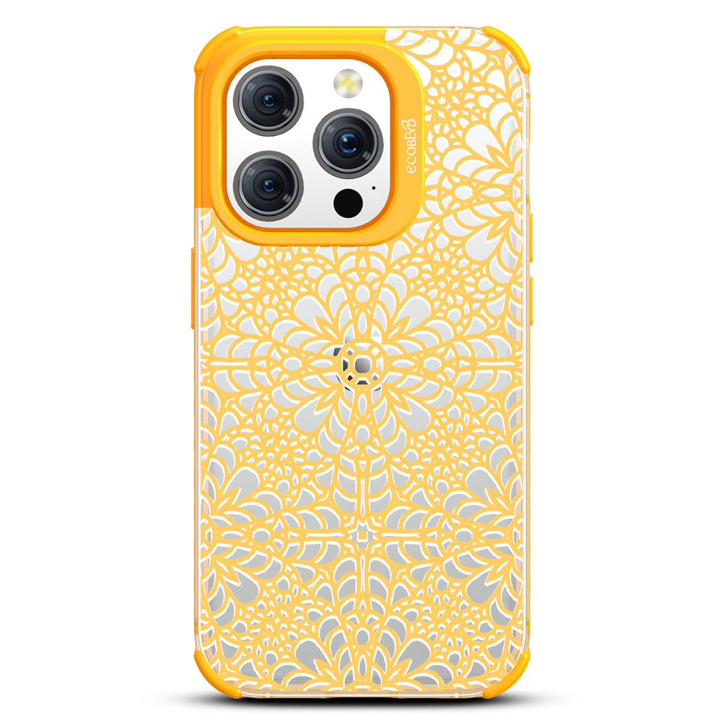 A Lil' Dainty - Intricate Lace Tapestry - Eco-Friendly Clear iPhone 15 Pro Case With Yellow Rim 