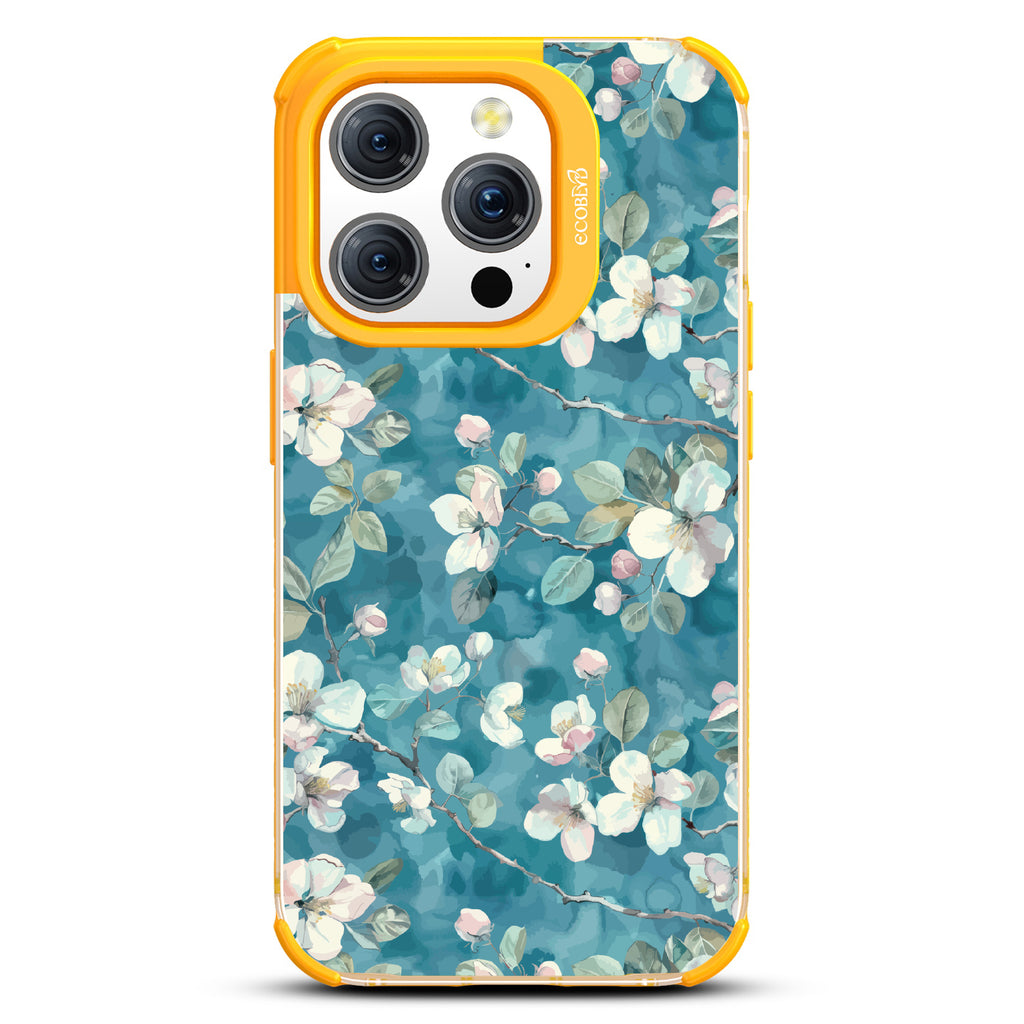 iPhone 15 Pro case, clear eco-friendly phone case with yellow ridges, back view, Sway & Sprout design