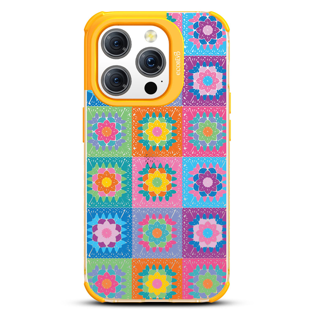  All Squared Away - Pastel Vintage Granny Squares Crochet - Eco-Friendly Clear iPhone 15 Pro Case With Yellow Rim 
