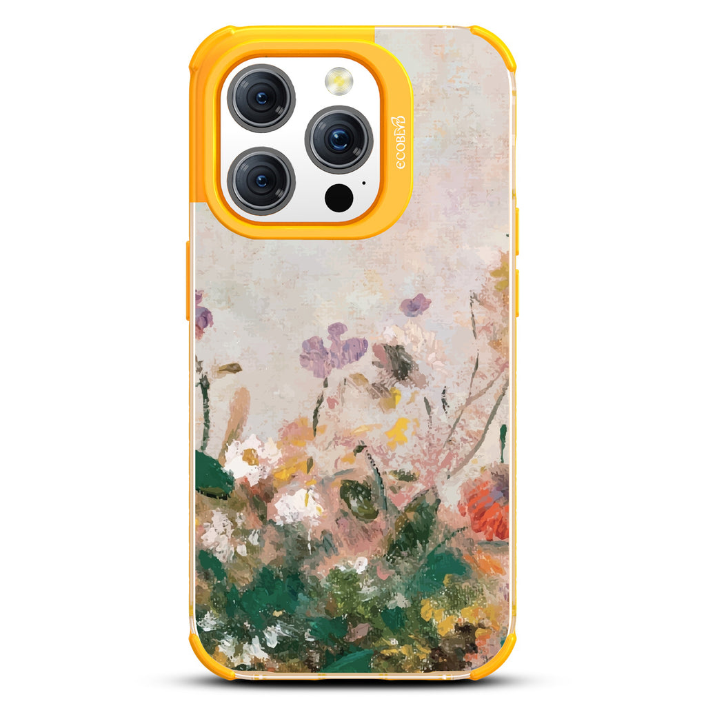 iPhone 15 Pro case, clear eco-friendly phone case with yellow ridges, back view, Wild Grace design