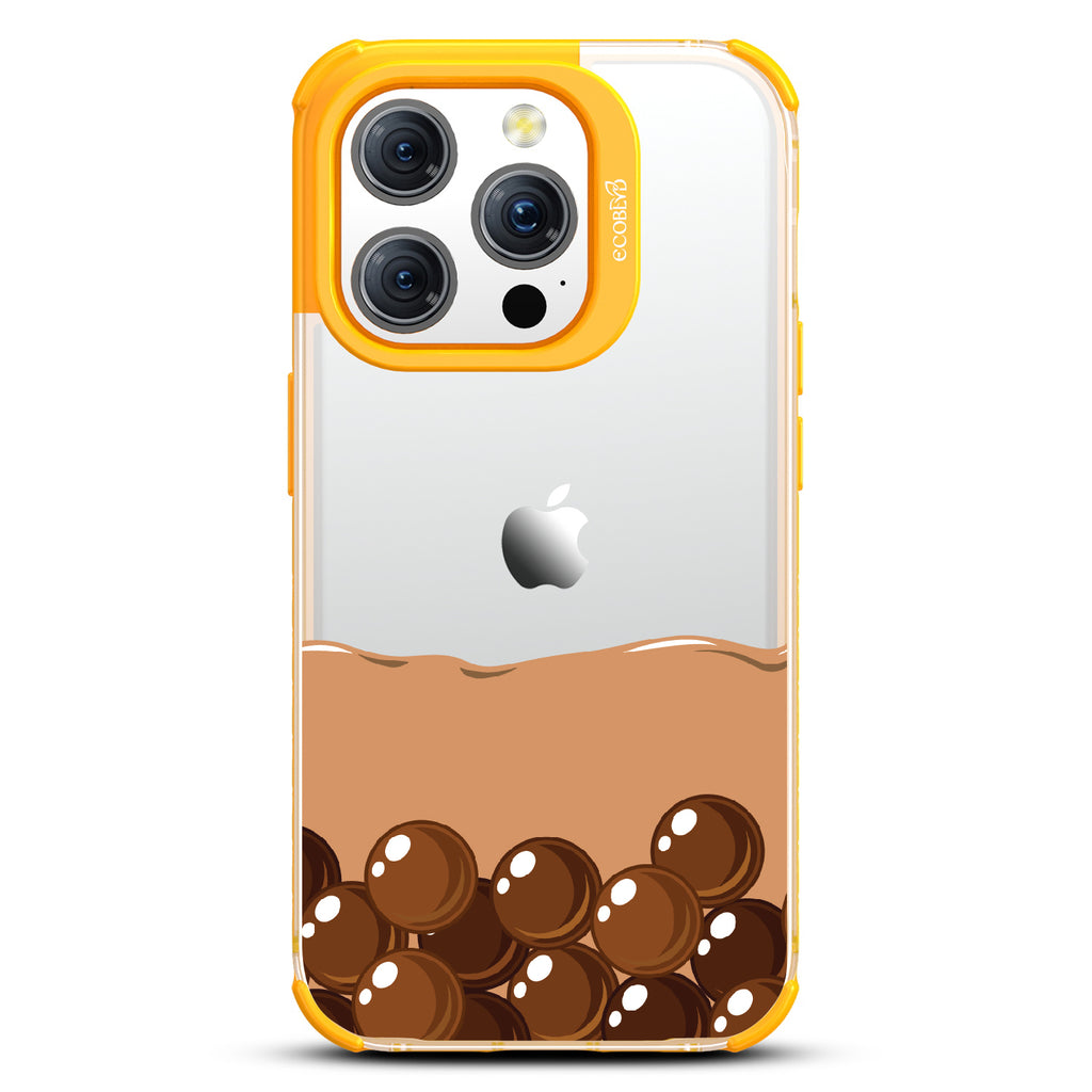iPhone 15 Pro case, clear eco-friendly phone case with yellow ridges, back view, Brown Sugar Boba design