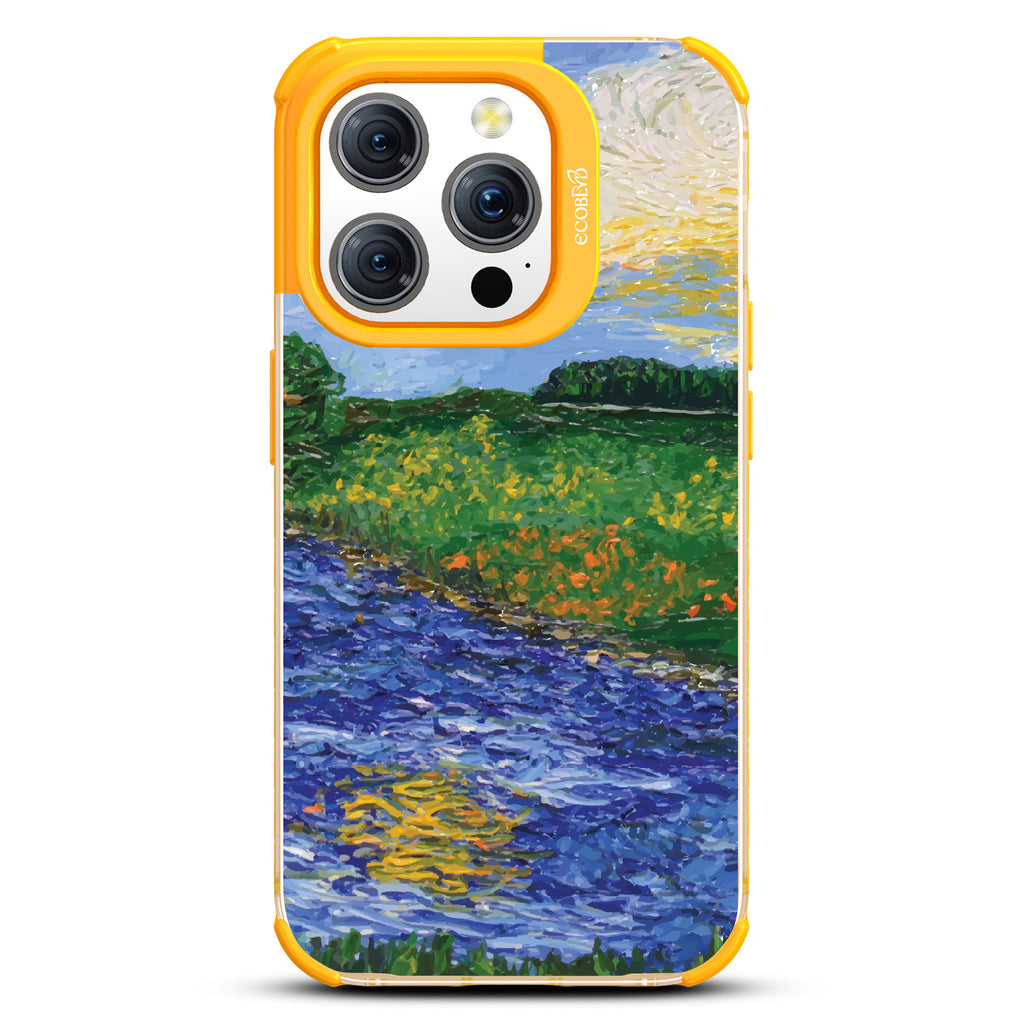 iPhone 15 Pro case, clear eco-friendly phone case with yellow ridges, back view, Field of Vision design