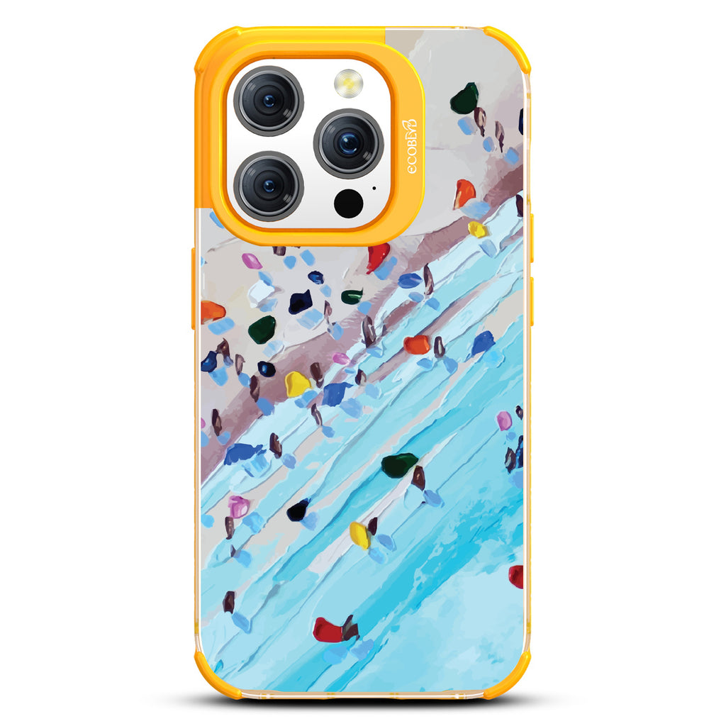 iPhone 15 Pro case, clear eco-friendly phone case with yellow ridges, back view, Waves of Color design