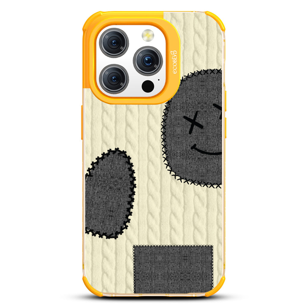 All Patched Up - Cable Knit With Patches of Heart + Happy Face - Eco-Friendly Clear iPhone 15 Pro Case With Yellow Rim