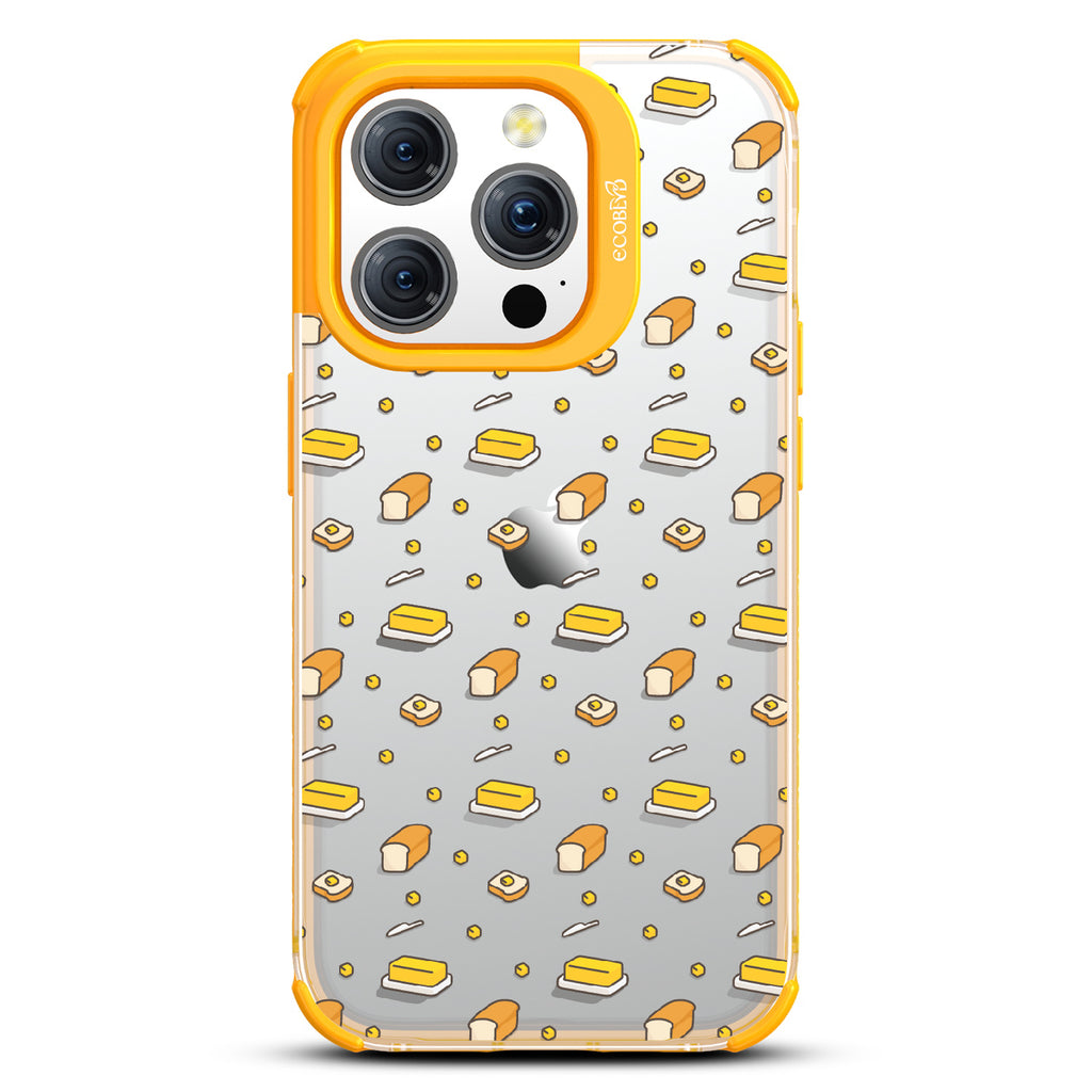 iPhone 15 Pro case, clear eco-friendly phone case with yellow ridges, back view, Butter Me Up design