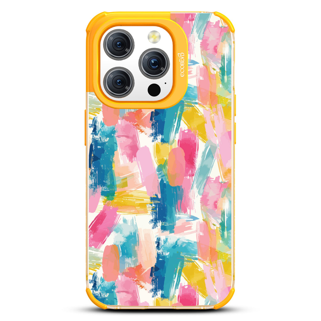 iPhone 15 Pro case, clear eco-friendly phone case with pink ridges, back view, yellow design