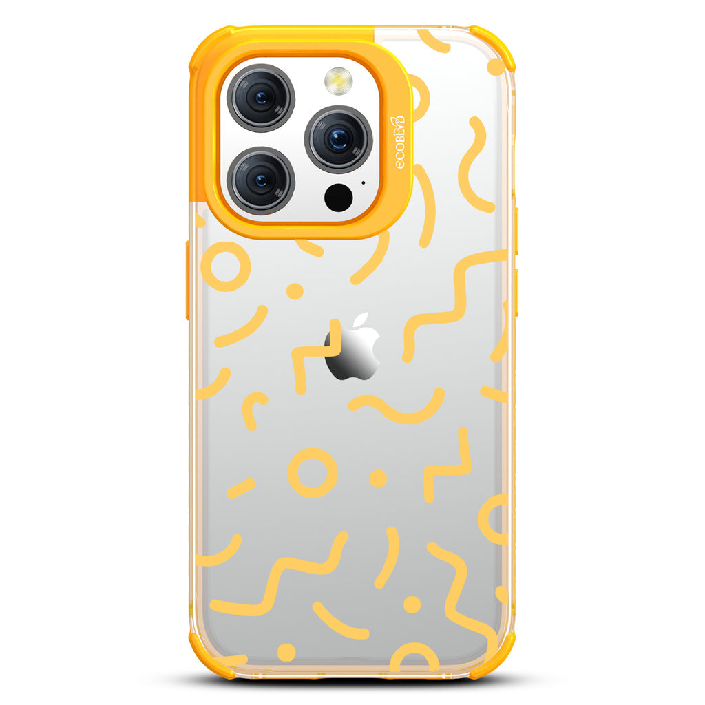 90?€?s Kids - Retro 90's Lines & Squiggles - Eco-Friendly Clear iPhone 15 Pro Case With Yellow Rim 