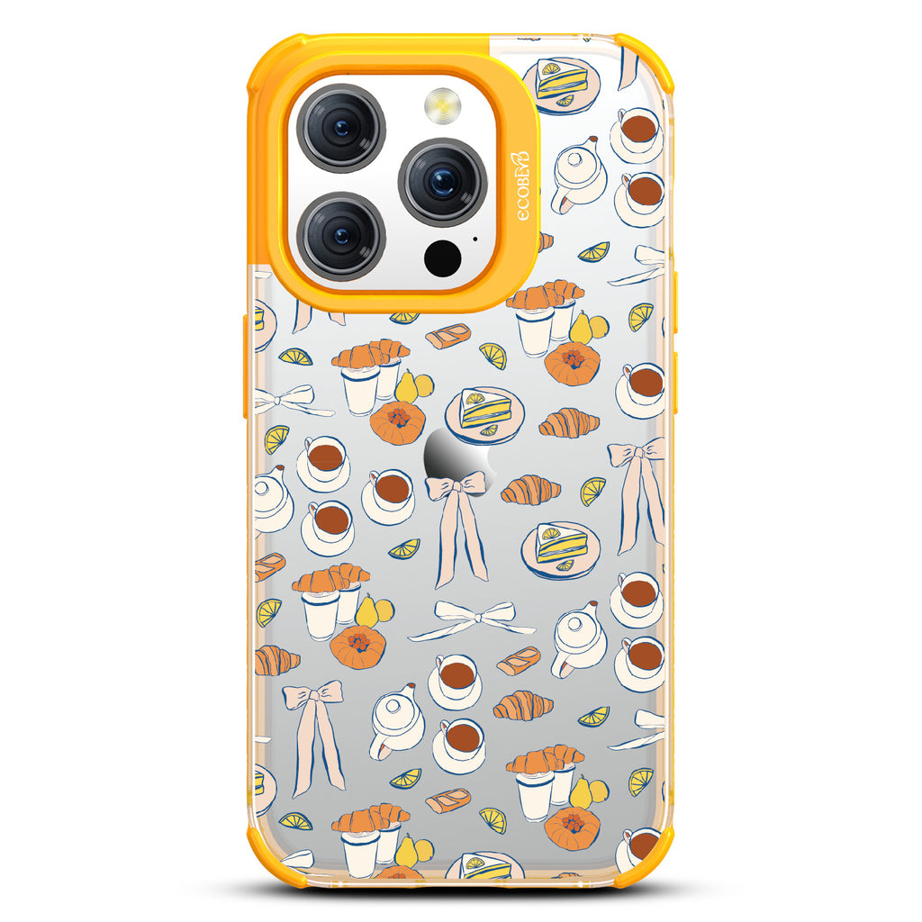 iPhone 15 Pro case, clear eco-friendly phone case with yellow ridges, back view, Tea Time design