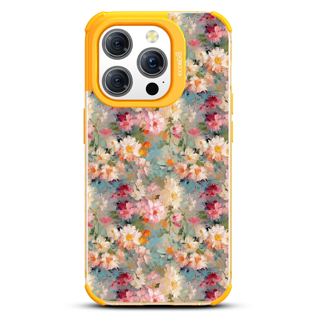 iPhone 15 Pro case, clear eco-friendly phone case with yellow ridges, back view, Perennial design