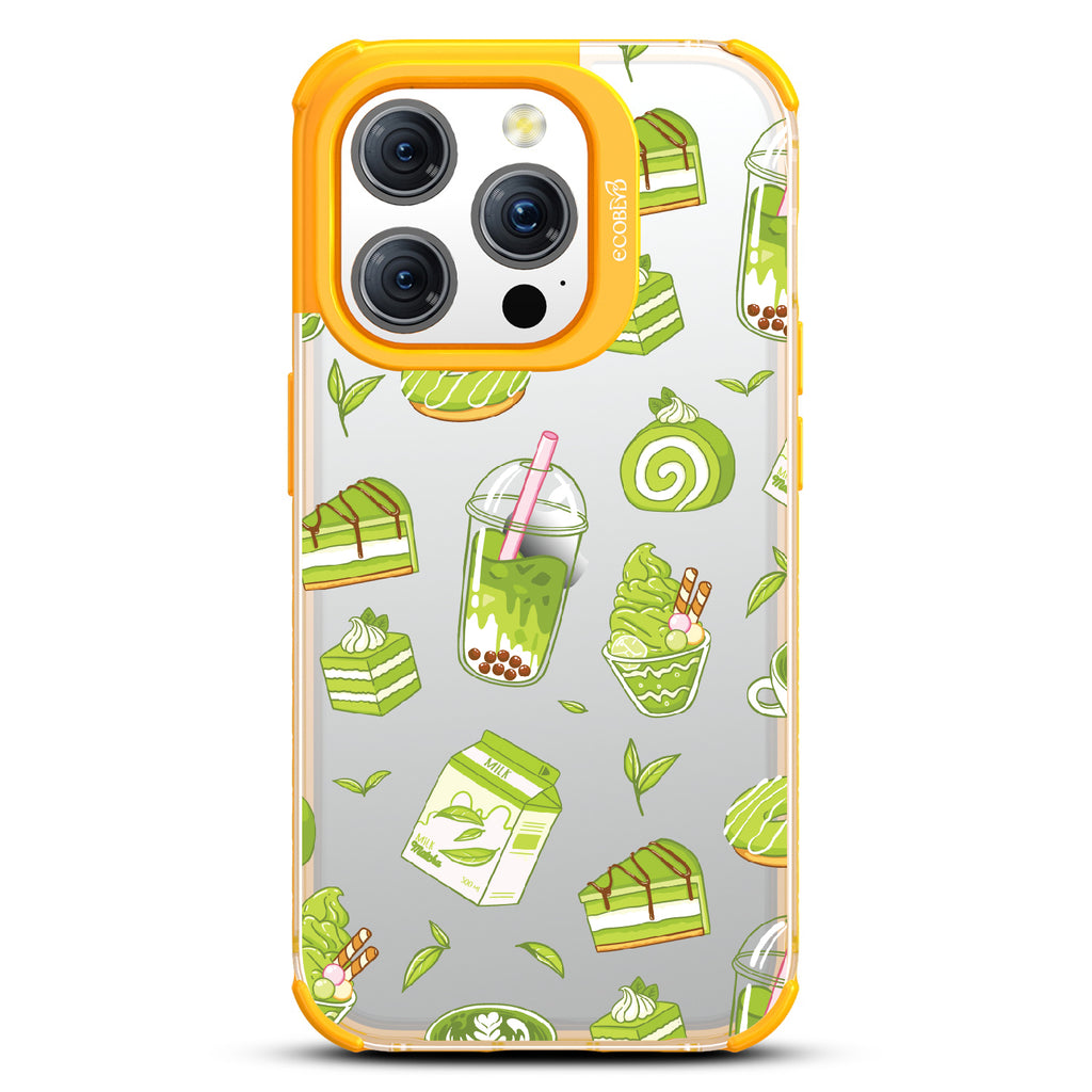 iPhone 15 Pro case, clear eco-friendly phone case with yellow ridges, back view, So Matcha More design