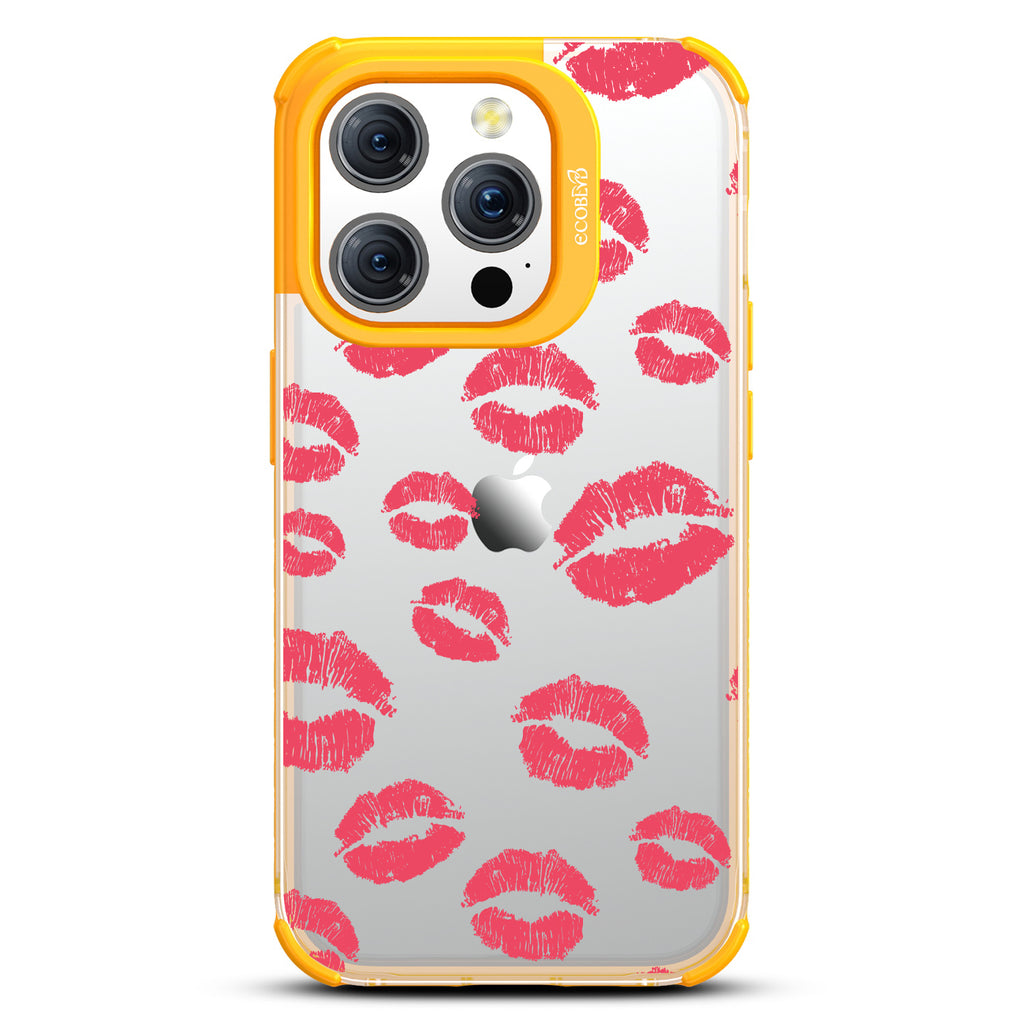 Bisou - Red Lipstick Kisses - Eco-Friendly Clear  iPhone 15 Pro Case With Yellow Rim