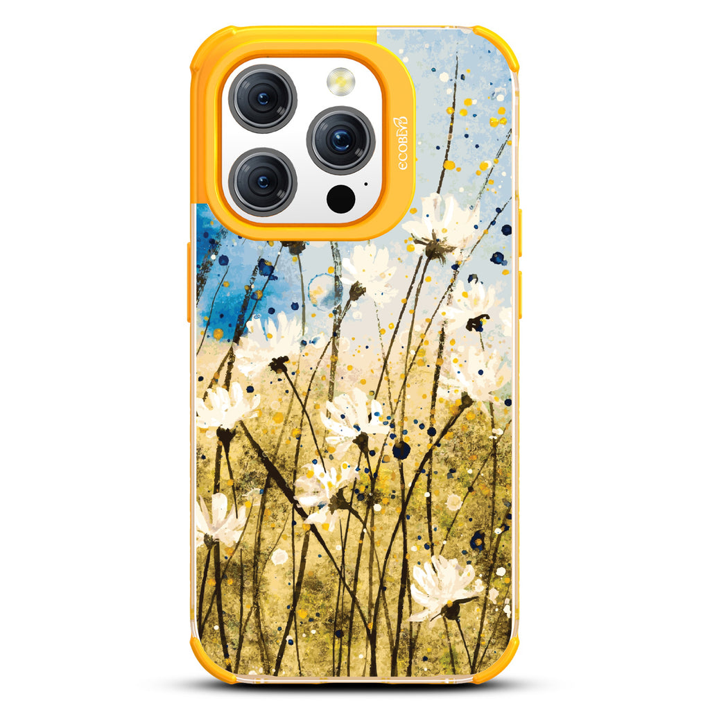 iPhone 15 Pro case, clear eco-friendly phone case with yellow ridges, back view, Dandelion Dance design