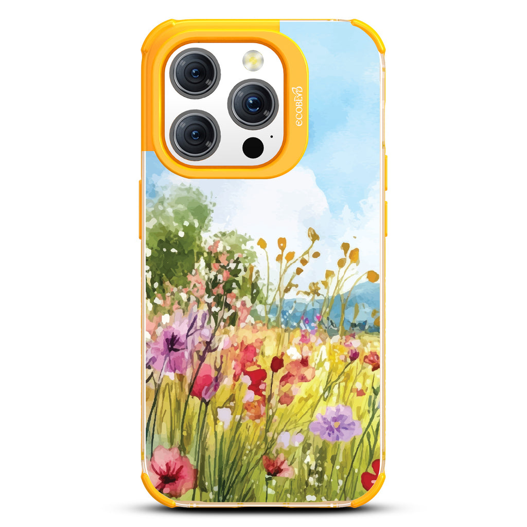 iPhone 15 Pro case, clear eco-friendly phone case with yellow ridges, back view, Everwild design