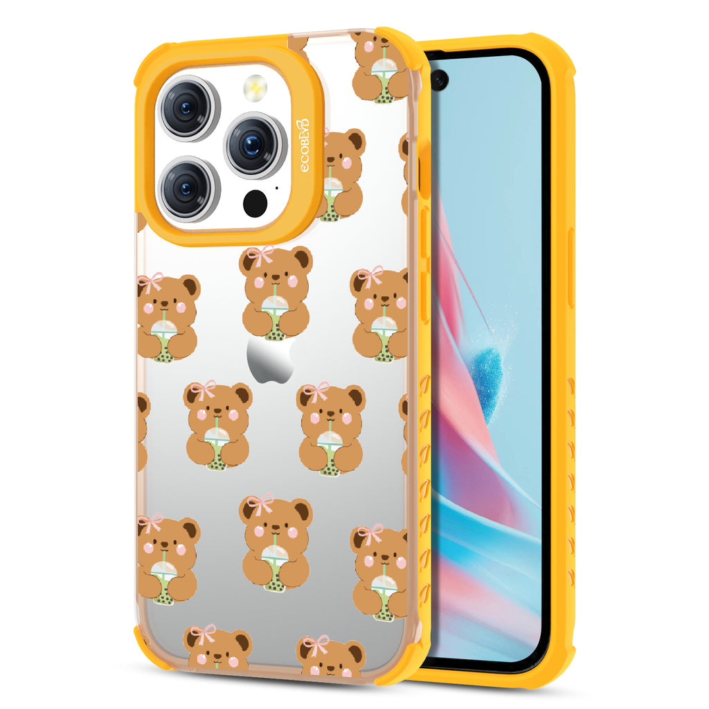 Front and back view of iPhone 15 Pro case, clear compostable phone case with yellow ridges, Bear-ista Approved design
