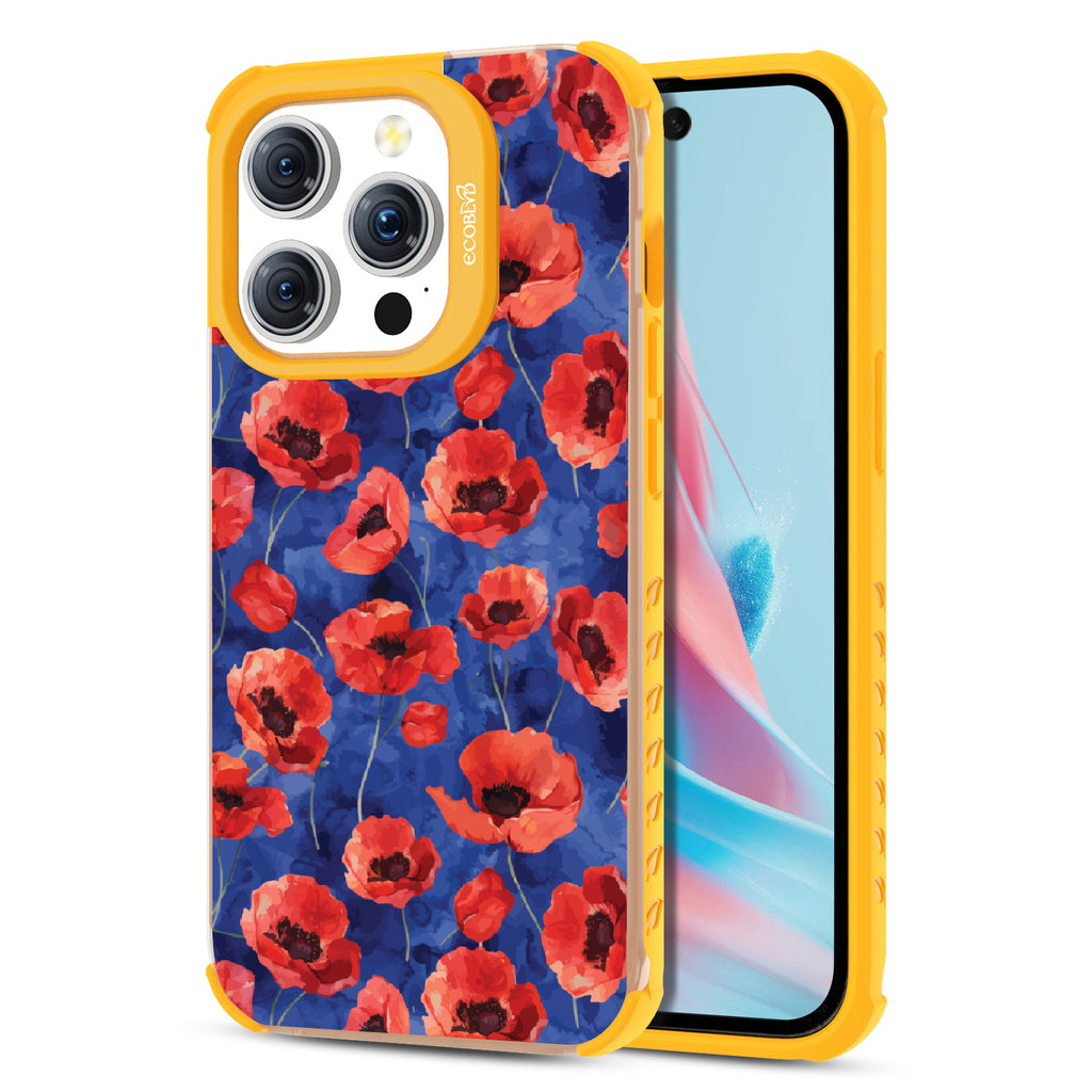 Front and back view of iPhone 15 Pro case, clear compostable phone case with yellow ridges, Dream Bouquet design