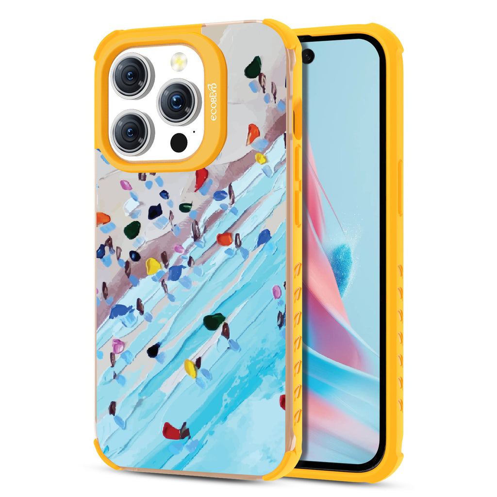 Front and back view of iPhone 15 Pro case, clear compostable phone case with yelow ridges, Waves of Color design