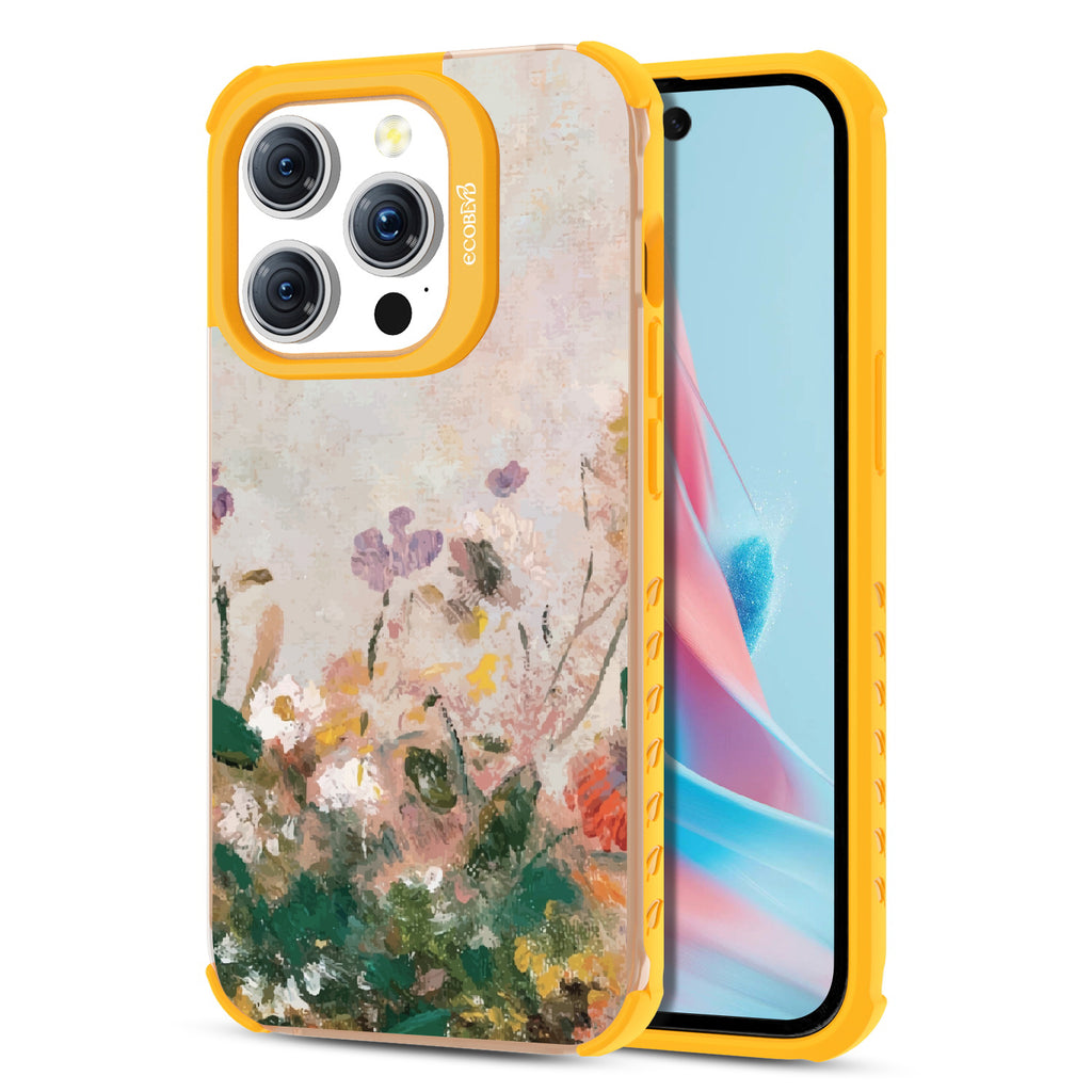Front and back view of iPhone 15 Pro case, clear compostable phone case with yellow ridges, Wild Grace design