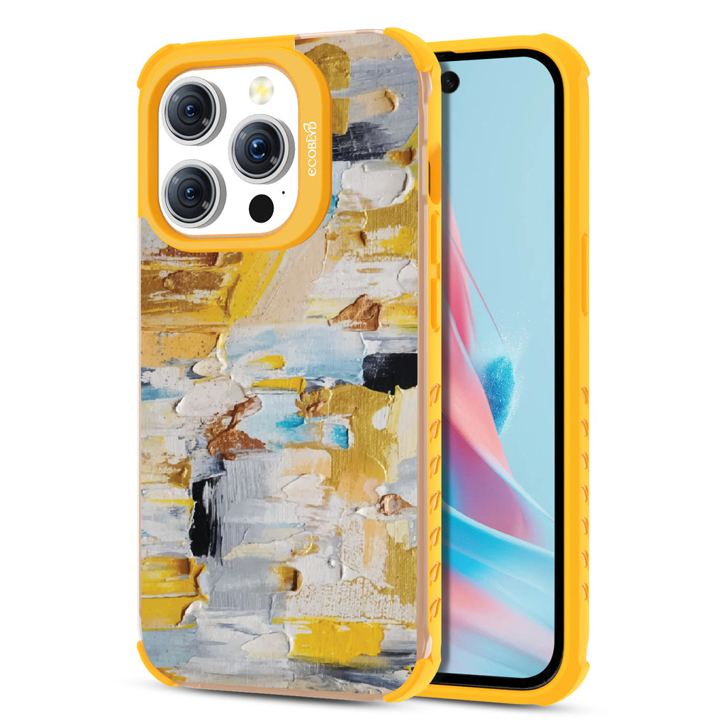 Front and back view of iPhone 15 Pro case, clear compostable phone case with yellow ridges, Lighten Up design
