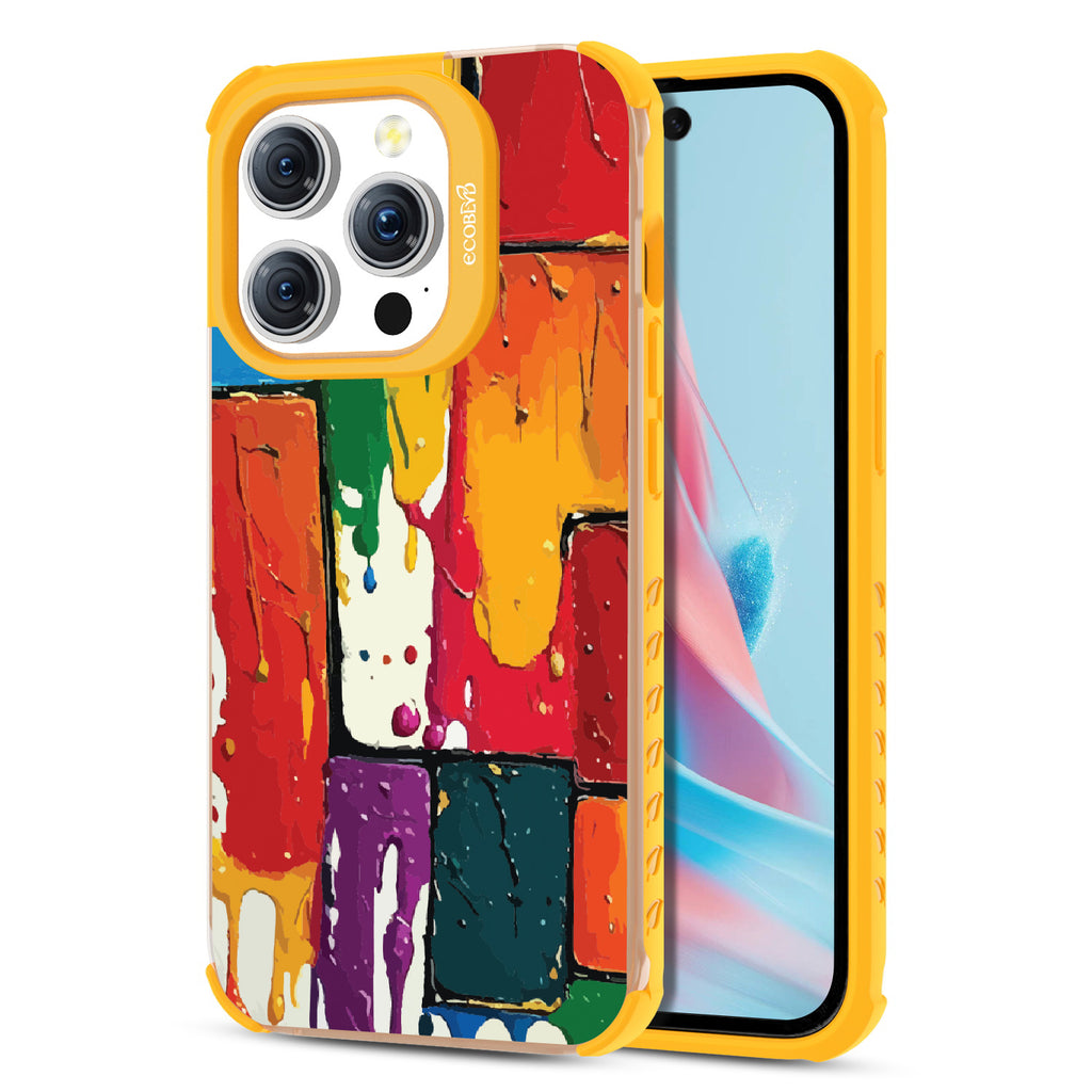 Front and back view of iPhone 15 Pro case, clear compostable phone case with yellow ridges, Color Me Mine design