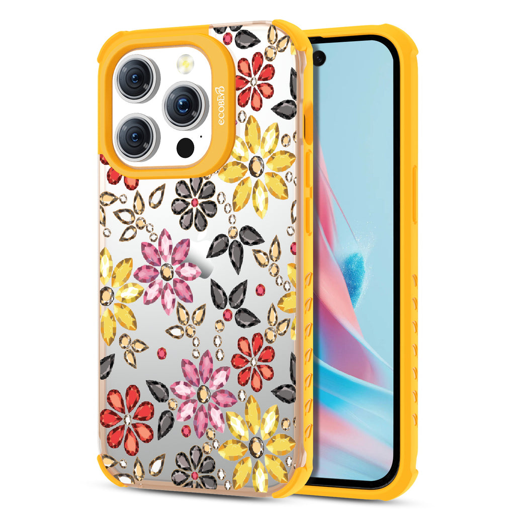  Bejeweled - Back View Of Eco-Friendly iPhone 15 Pro Clear Case With Yellow Rim & Front View Of Screen
