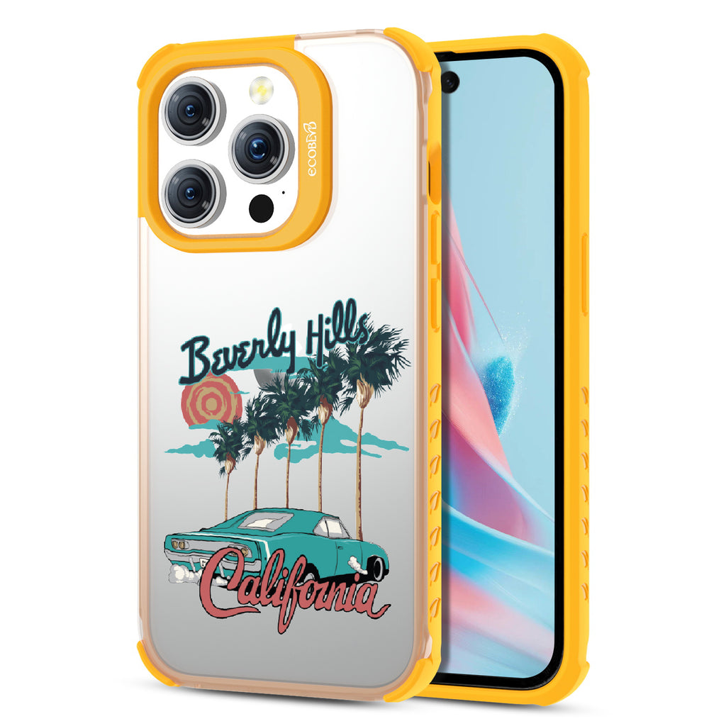 Front and back view of iPhone 14 Pro Max case, clear compostable phone case with yellow ridges, 90210 design