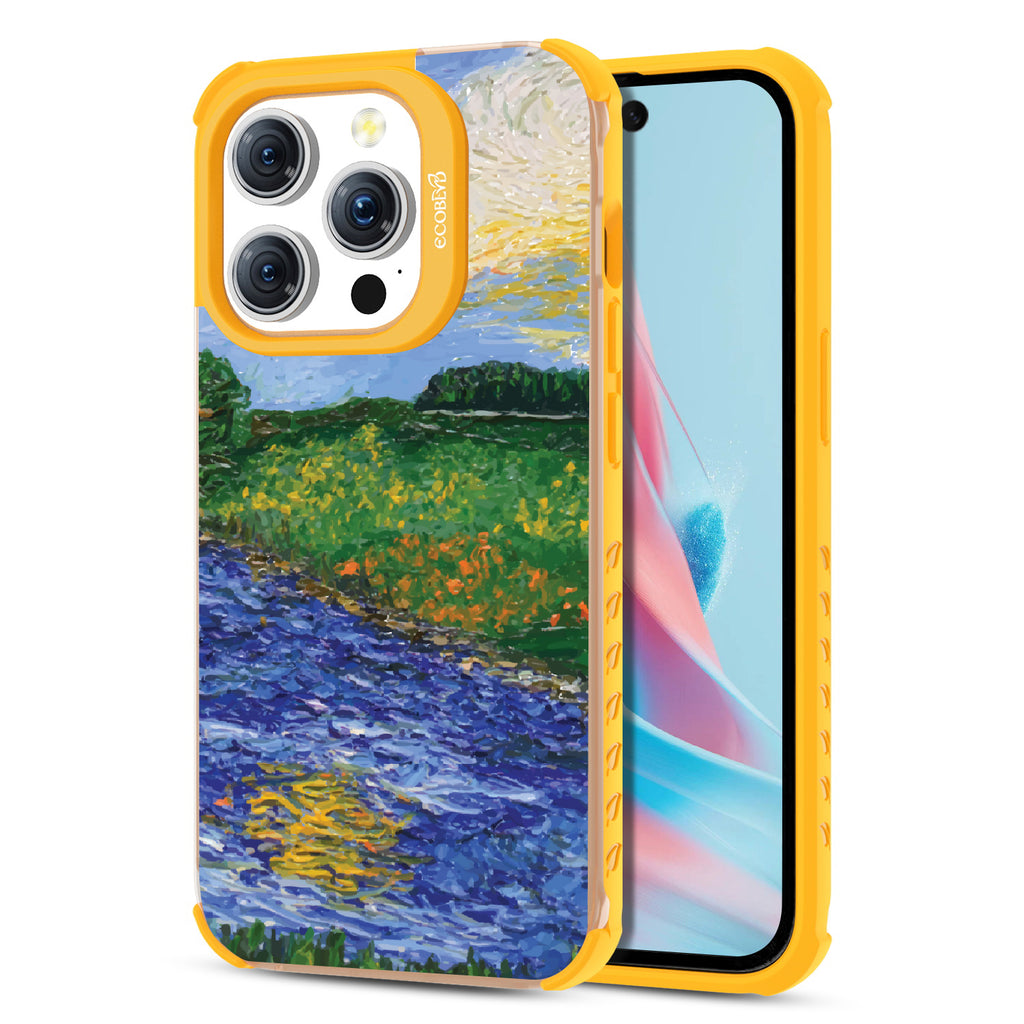 Front and back view of iPhone 15 Pro case, clear compostable phone case with yellow ridges, Field of Vision design
