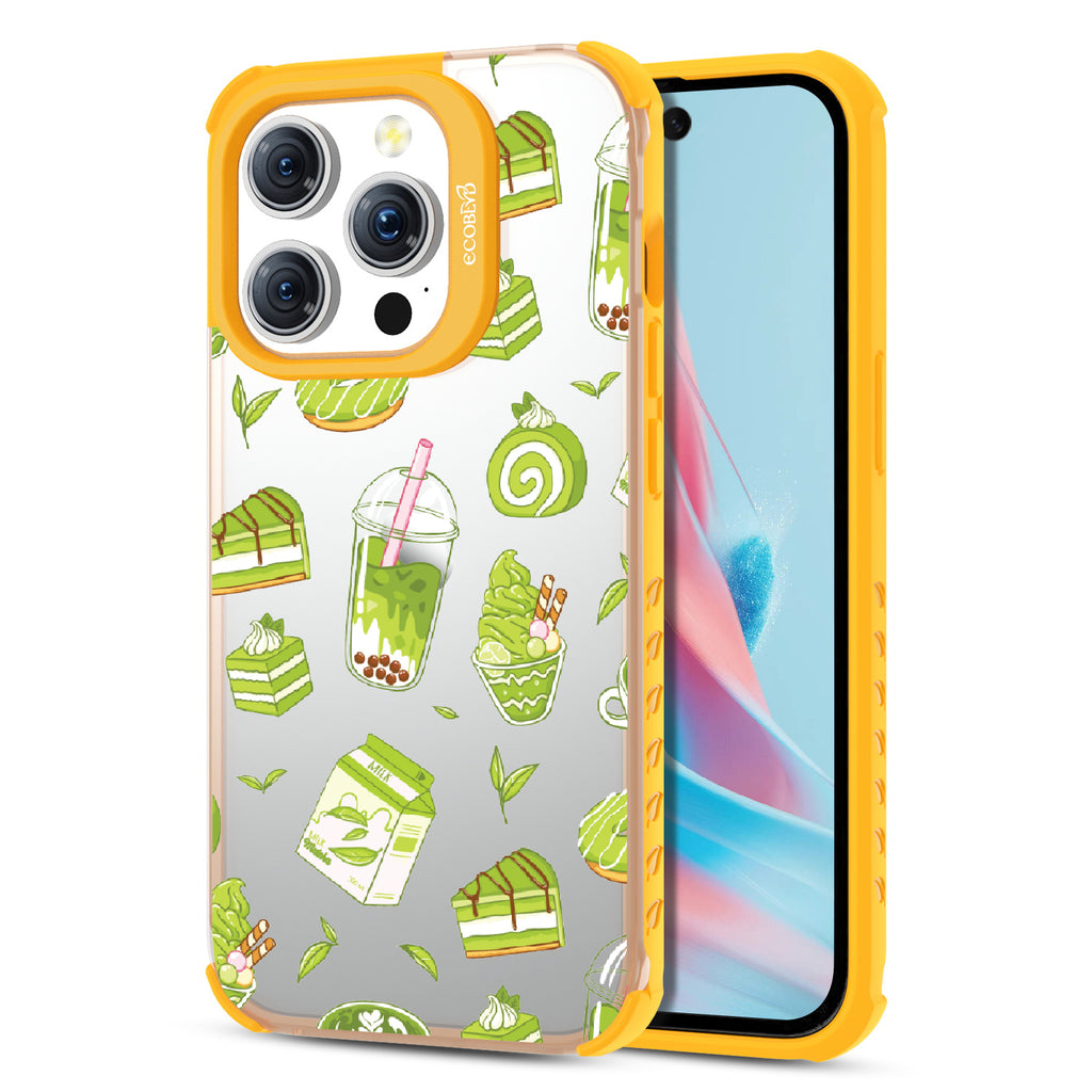 Front and back view of iPhone 15 Pro case, clear compostable phone case with yellow ridges, So Matcha More design