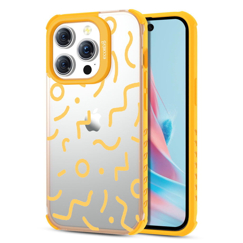 90?€?s Kids - Back View Of Eco-Friendly iPhone 15 Pro Clear Case With Yellow Rim & Front View Of Screen