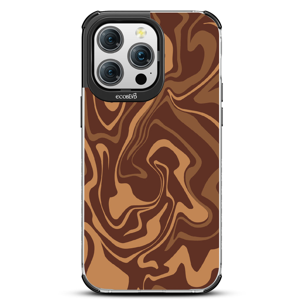 iPhone 15 Pro Max case, clear eco-friendly phone case with black ridges, back view, Stirred & Swirled design