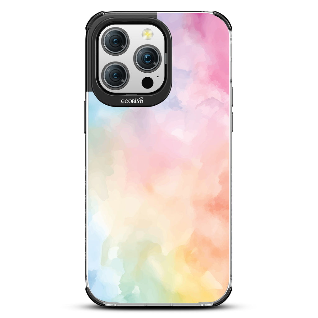 iPhone 15 Pro max case, clear eco-friendly phone case with black ridges, back view, Painted Skies design