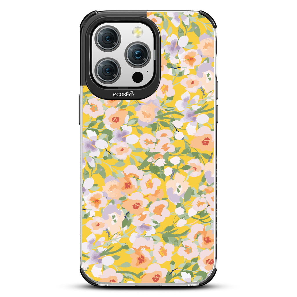 iPhone 15 Pro Max case, clear eco-friendly phone case with black ridges, back view, Flourish & Shine design