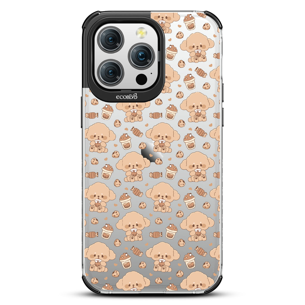 iPhone 15 Pro Max case, clear eco-friendly phone case with black ridges, back view, Pupaccino design