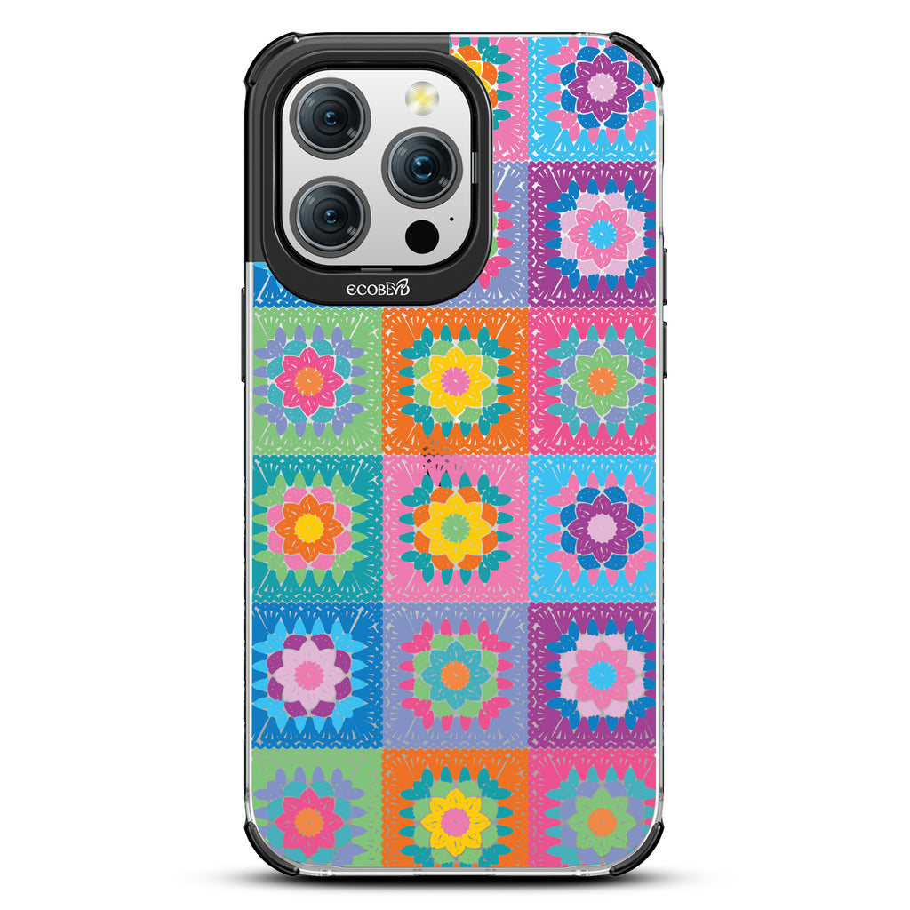 All Squared Away - Pastel Vintage Granny Squares Crochet - Eco-Friendly Clear iPhone 15 Pro Max Case With Black Rim 