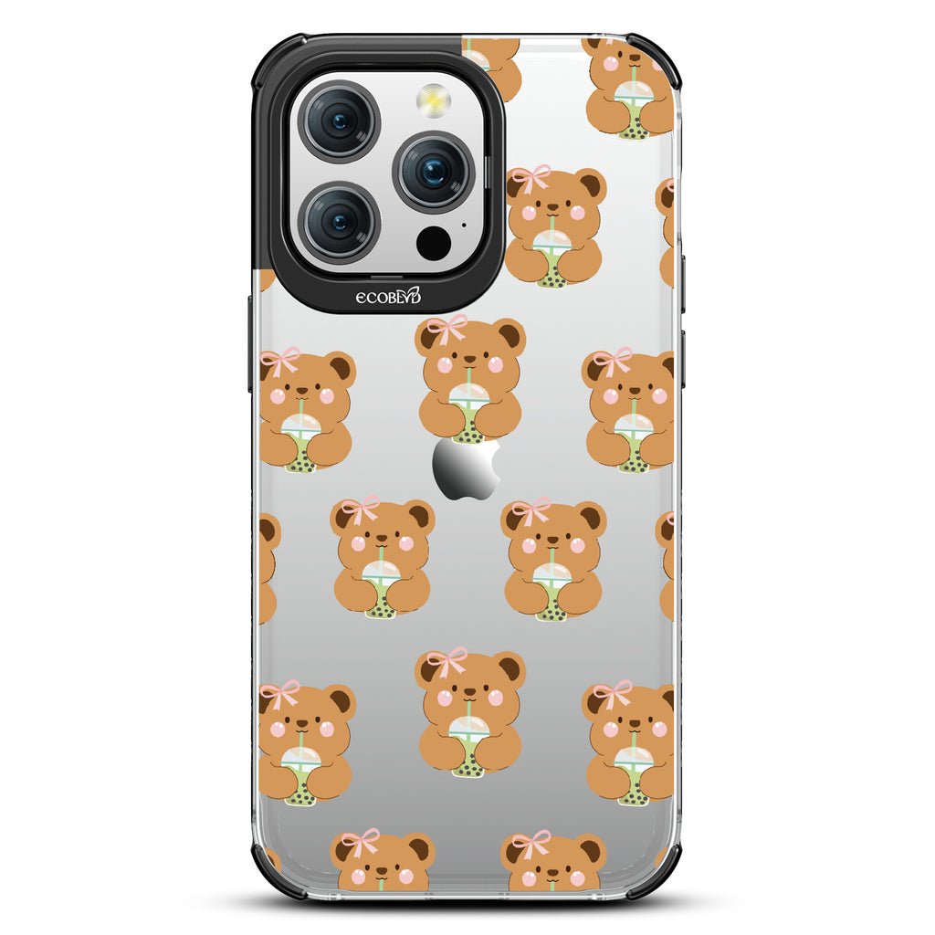 iPhone 15 Pro Max case, clear eco-friendly phone case with black ridges, back view, Bear-ista Approved design
