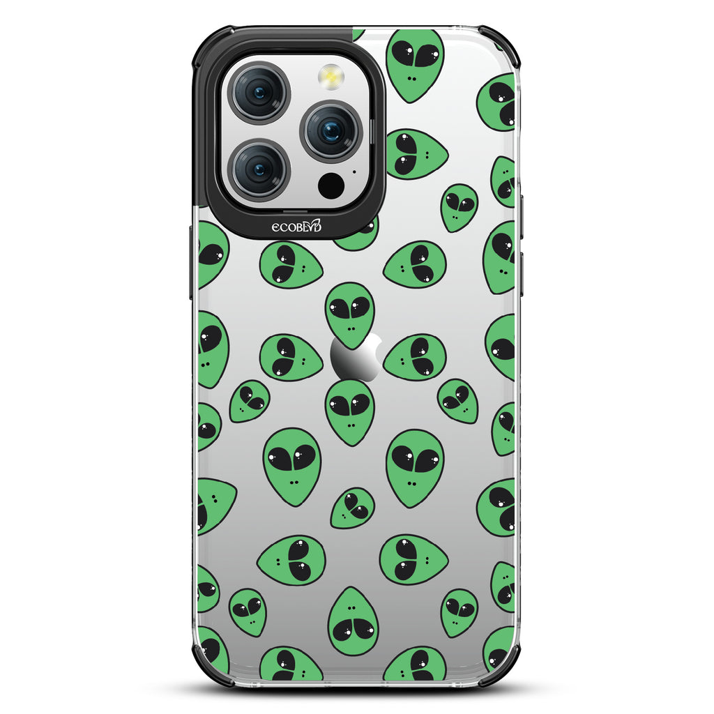 Aliens - Green Cartoon Alien Heads - Eco-Friendly Clear iPhone 15 Pro Max Case With Black Rim