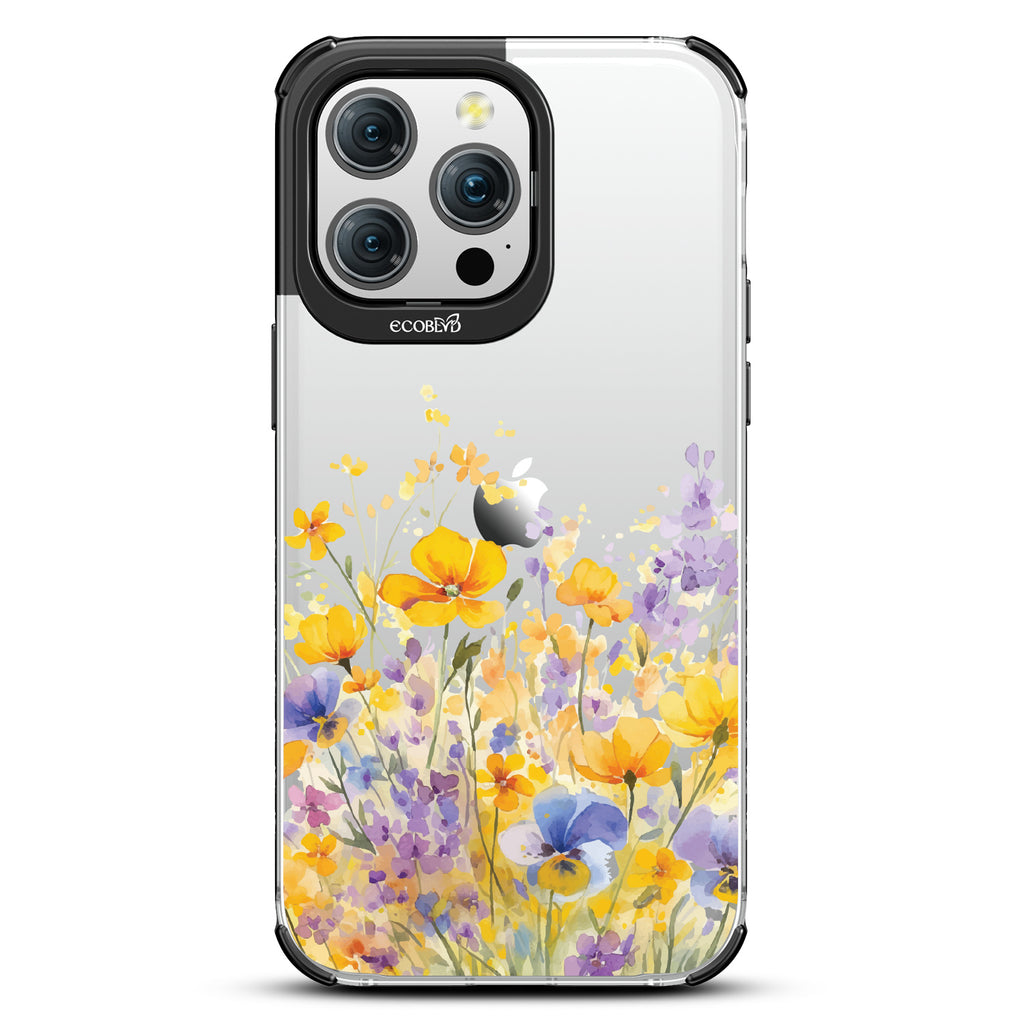 iPhone 15 Pro Max case, clear eco-friendly phone case with black ridges, back view, Meadowlight design