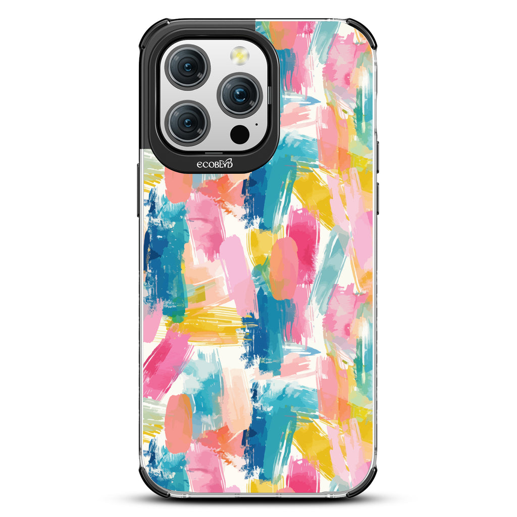 iPhone 15 Pro Max case, clear eco-friendly phone case with black ridges, back view, Blurred Beauty design