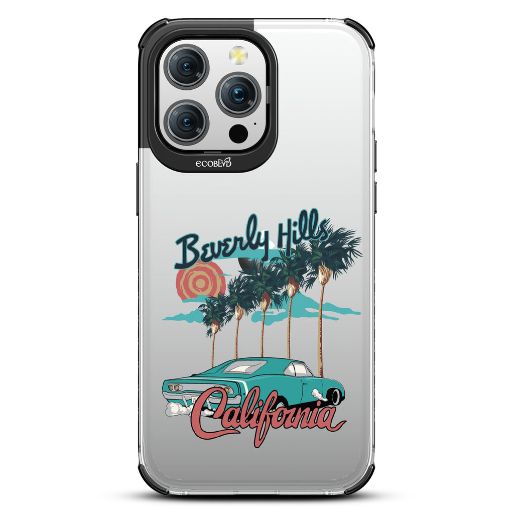 iPhone 15 Pro Max case, clear eco-friendly phone case withblack ridges, back view, 90210 design