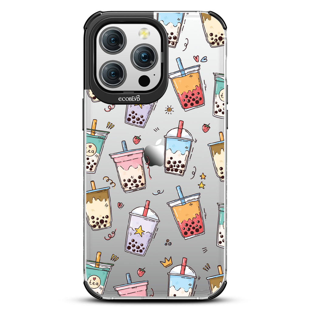 iPhone 15 Pro Max case, clear eco-friendly phone case with black ridges, back view, Best-Teas design