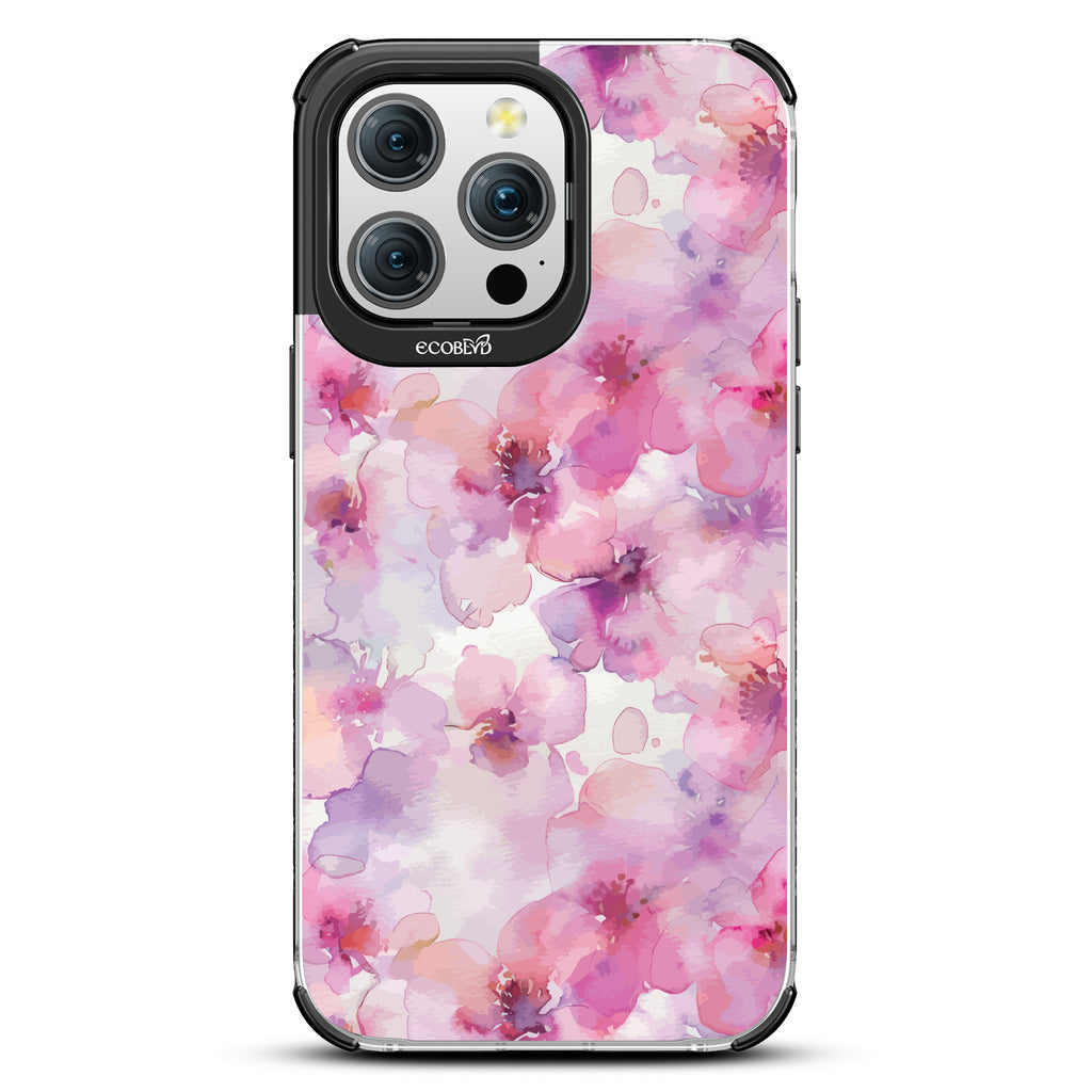 iPhone 15 Pro Max case, clear eco-friendly phone case with black ridges, back view, Rosewater design
