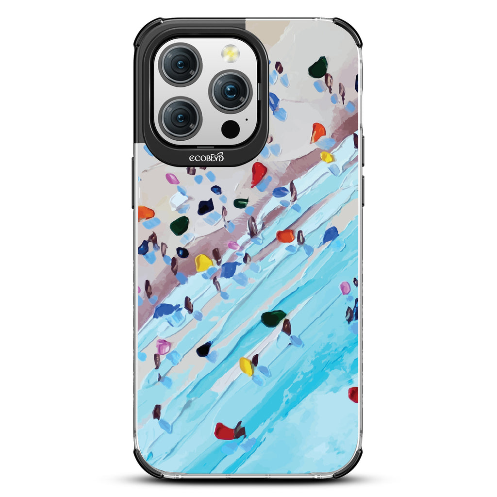 iPhone 15 Pro Max case, clear eco-friendly phone case with black ridges, back view, Waves of Color design