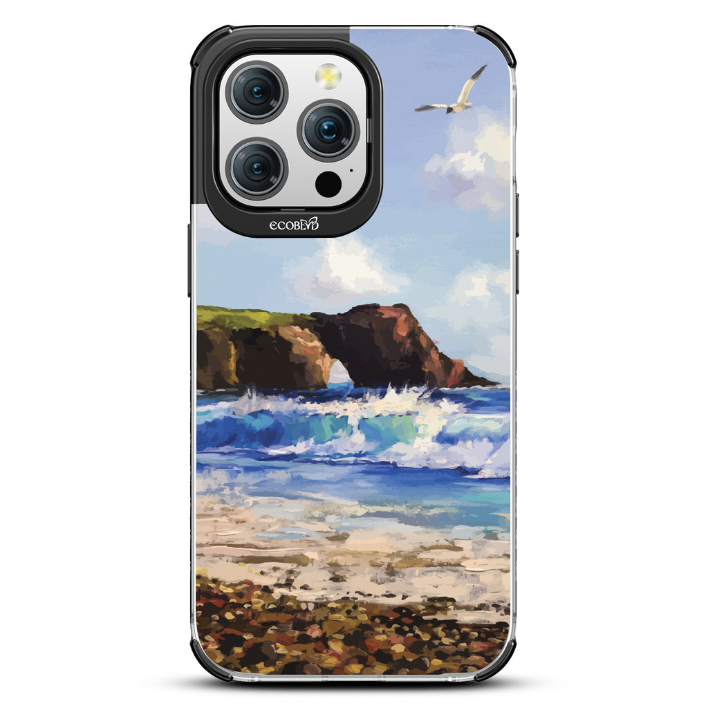 iPhone 15 Pro Max case, clear eco-friendly phone case with black ridges, back view, Cliffhanger design