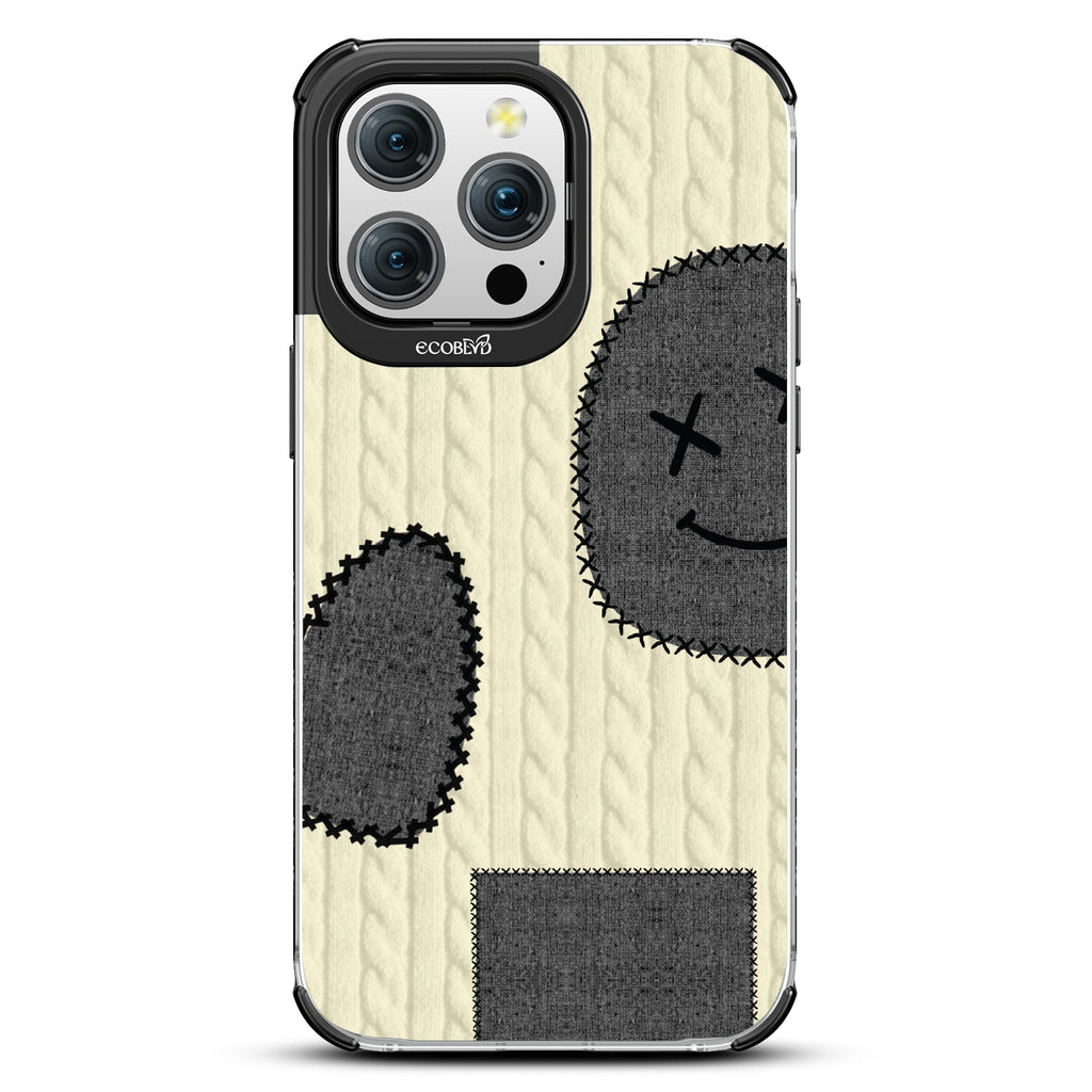All Patched Up - Cable Knit With Patches of Heart + Happy Face - Eco-Friendly Clear iPhone 15 Pro Max Case With Black Rim